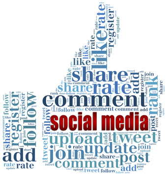 Word cloud social media related in shape of thumb